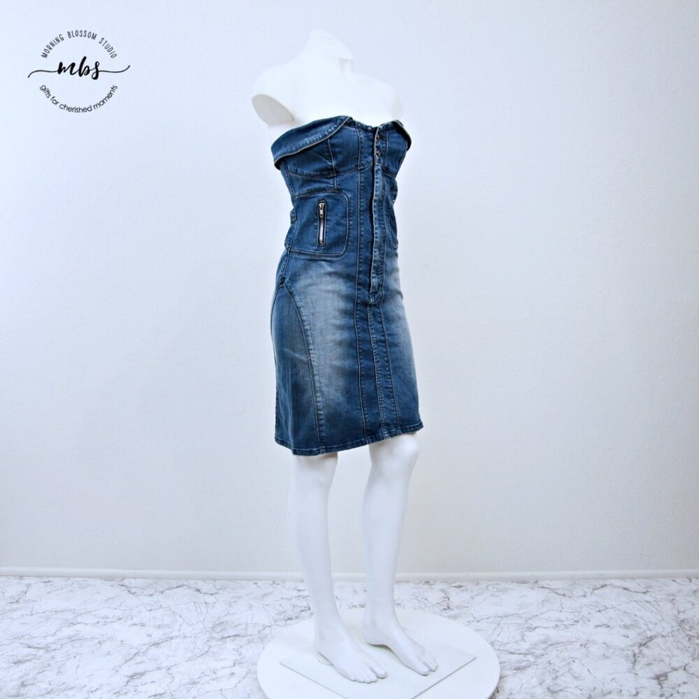 Kelly Bell Strapless Denim Zip Up Mini Dress Blue Women M